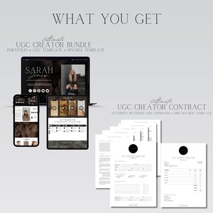 May include: A digital marketing bundle for content creators. The bundle includes a portfolio template, a UGC template, an invoice template, and a contract template. The contract template is attorney reviewed and approved.