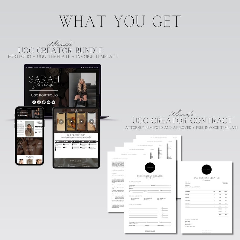 May include: A digital marketing bundle for content creators. The bundle includes a portfolio template, a UGC template, an invoice template, and a contract template. The contract template is attorney reviewed and approved.