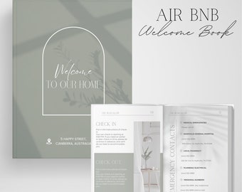 May include: A green welcome book for an Air BnB rental property. The cover features a white arch with the text "Welcome to our home". The inside pages include check-in and check-out instructions, as well as emergency contact information.