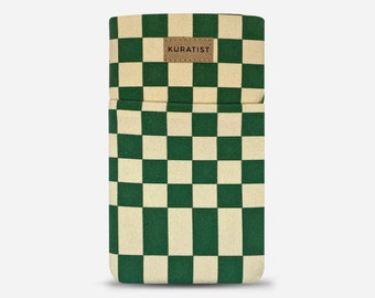 Handmade GREEN CHECKERS Small Cell Phone Pouch Bag | Minimalist Fabric iPhone Wallet Case | Cute Women Protective Travel Galaxy Flap Sleeve