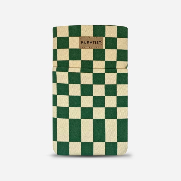 Handmade GREEN CHECKERS Small Cell Phone Pouch Bag | Minimalist Fabric iPhone Wallet Case | Cute Women Protective Travel Galaxy Flap Sleeve