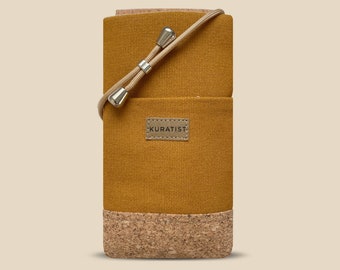 Crossbody Phone Bag | Handmade CURRY iPhone Lanyard Pouch | 6.1 to 6.9 inch | Minimalist Canvas & Cork Case | Protective and Stylish