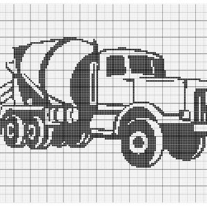 May include: Black and white pixelated illustration of a cement mixer truck. The truck features a rotating drum, cab, and multiple wheels. The image is a simple, graphic representation of a construction vehicle.