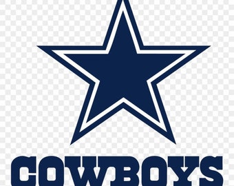 May include: A navy blue star with a white outline, above the word "COWBOYS" in navy blue block letters. The star is a five-pointed shape, and the text is in a bold, sans-serif font. The design is a logo.