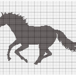 May include: A black and white pixelated image of a running horse. The horse is depicted in a side profile, with its legs extended in a running motion. The mane and tail are flowing, and the horse is set against a grid background.
