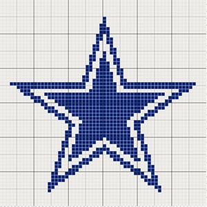 May include: A pixelated, blue star design on a grid background. The star is a five-pointed shape, with a white outline. The star is filled with a darker shade of blue. The grid is composed of small, evenly spaced squares.
