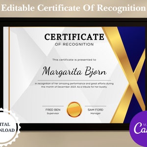 Modello Canva certificato regalo di riconoscimento stampabile, certificato digitale personalizzato, regalo premio modificabile, modello di carta regalo di riconoscimento