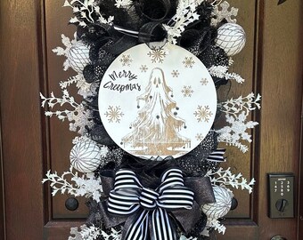 Gothic Christmas Ghost Wreath, Creepmas Door Decor, Black White Holiday Swag, Spooky Christmas Wreath