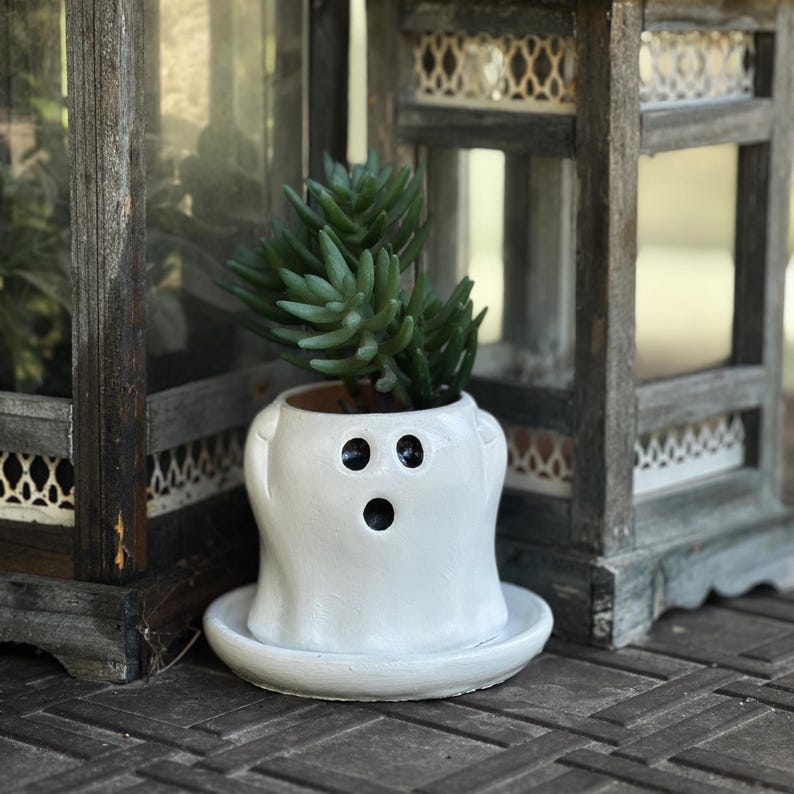 May include: A white ceramic ghost-shaped planter with three black eye and mouth holes, holding a green succulent plant. The planter sits on a matching saucer. The planter is a whimsical Halloween decoration.