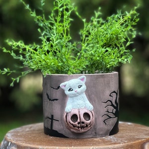 Halloween Cat Planter Pot with Drip Tray
