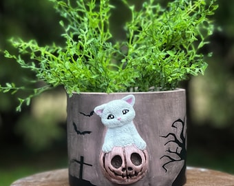 Halloween Cat Planter Pot with Drip Tray