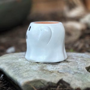 May include: A white ceramic ghost-shaped planter with black eye details and a carved mouth. The interior is unglazed, revealing a terracotta color. The planter is sitting on a gray stone surface, with a blurred natural background.