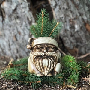 May include: A detailed Santa Claus planter made of a light beige material, with a long white beard and a red hat. The planter holds a small evergreen plant. The planter is surrounded by green pine needles.