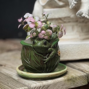 May include: A dark green ceramic planter shaped like a cabbage leaf with a sculpted frog clinging to the side. The planter sits on a matching round saucer and contains a small plant with variegated pink and green leaves, featuring a small flower.