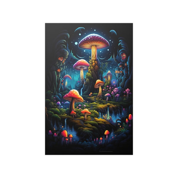 Psychedelic Fungi Fiesta, Blacklight Poster, Blacklight art, Psychedelic poster, Neon colors, Fluorescent prints, Glow in the dark, UV Art