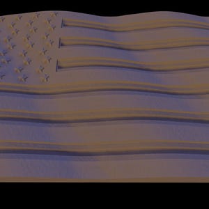 May include: A 3D rendering of the American flag, featuring the stars and stripes design. The flag appears to be waving, with visible folds and shadows. The color palette is muted, with shades of brown and blue.