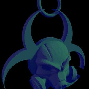 May include: A blue and green 3D printed skull wearing a gas mask with a biohazard symbol behind it.