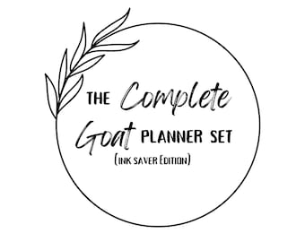 May include: Black and white illustration of a leafy branch in a circle with the text "THE Complete Goat Planner Set (INK SAVER EDITION)"