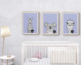 Kids room wall art, Set of 3 cute animal prints for kids room, Printable wall art set for nursery, Baby nursery wall art, animal wall art