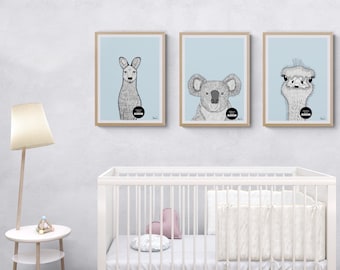 Kids room wall art, Set of 3 cute animal prints for kids room, Printable wall art set for nursery, Baby nursery wall art, animal wall art