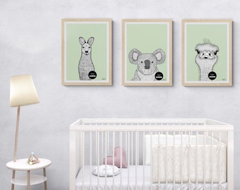 Kids room wall art, Set of 3 cute animal prints for kids room, Printable wall art set for nursery, Baby nursery wall art, animal wall art