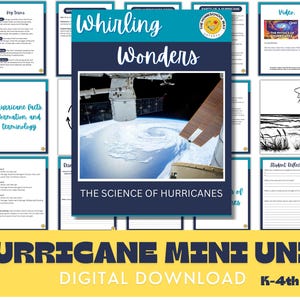 May include: A digital download for a hurricane mini unit for K-4th grade students. The cover image shows a satellite view of a hurricane with the text "Whirling Wonders: The Science of Hurricanes".