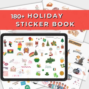 Könnte beinhalten: Ein digitaler Tablet-Bildschirm zeigt eine Vielzahl von bunten Urlaubsaufklebern. Die Aufkleber umfassen Themen wie Weihnachten, Halloween, Valentinstag, Vatertag, Juneteenth, St. Patrick's Day und Labour Day. Der Text "180+ HOLIDAY STICKER BOOK" wird oben im Bild angezeigt.