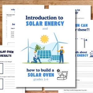 Può includere: Un'illustrazione colorata di due persone che costruiscono un forno solare. L'illustrazione fa parte di un foglio di lavoro intitolato "Introduzione all'energia solare" e "Come costruire un forno solare, Classi 3-6".