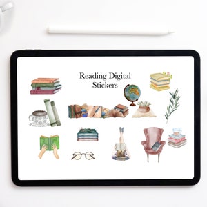 May include: Digital stickers featuring watercolor illustrations of books, a coffee cup, glasses, a globe, a chair, and a person reading. The text "Reading Digital Stickers" is at the top of the image.