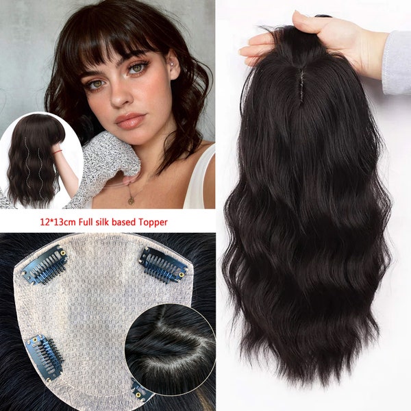 Water wave Human hair toppers with bangs 12x13cm full silk based human hair toppers with 4 clips for women thin hair or hair loss