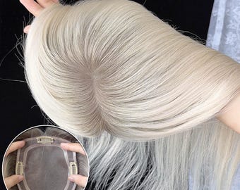 14x15cm Rooted Platinum Ash Blonde Hair Topper, Mono Base For Thinning Crown
