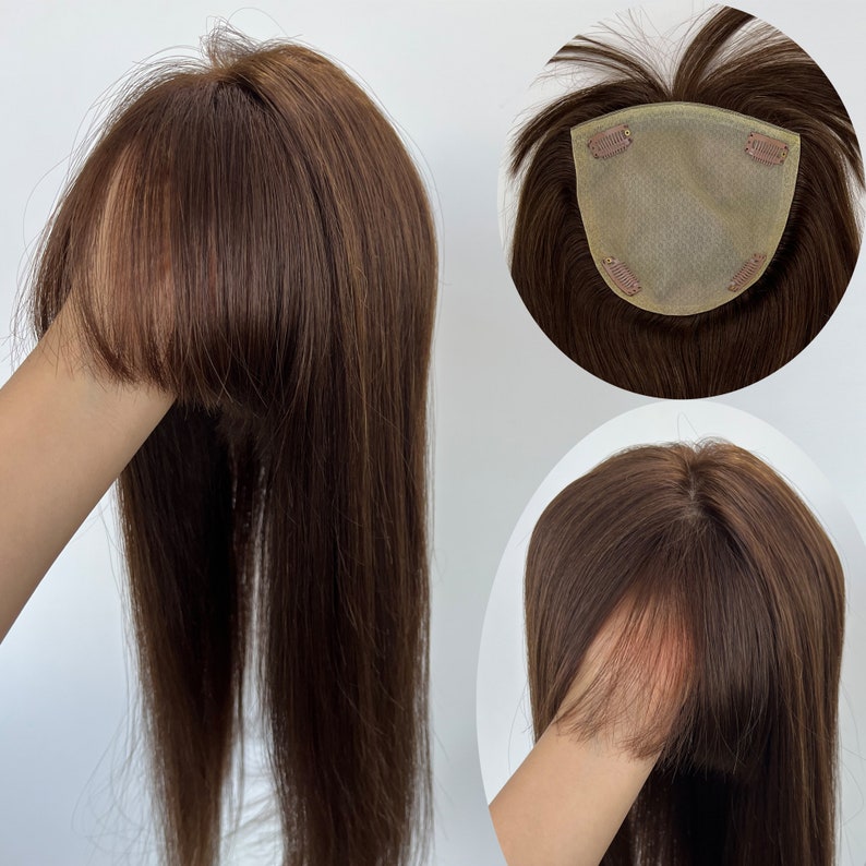 Big size 16x16cm human hair toppers with bangs ,free part full silk based human hair toppers for most of hair loss .heavy hair topper. image 8