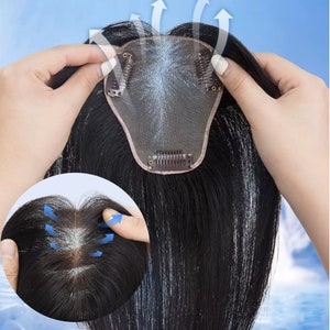 Ademende enkelvoudige kanttoppers van echt haar, 9 x 11 cm met 3 clips voor haartoppers voor dun haar of haaruitval