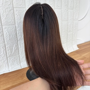 5,5" x 6" topper van echt haar met drie delen zwart ombre bruine kleur steil haar voor vrouwen dun haar of haaruitval