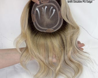 14x15cm Rooted Balayage Blonde Human Hair Topper Mono Mesh Double PU Edge