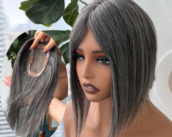 Salt & Pepper Human Hair Topper for Older Women, Clip‑in Grey Piece,3x5"