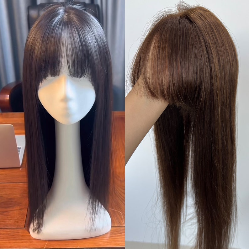 Big size 16x16cm human hair toppers with bangs ,free part full silk based human hair toppers for most of hair loss .heavy hair topper. image 1