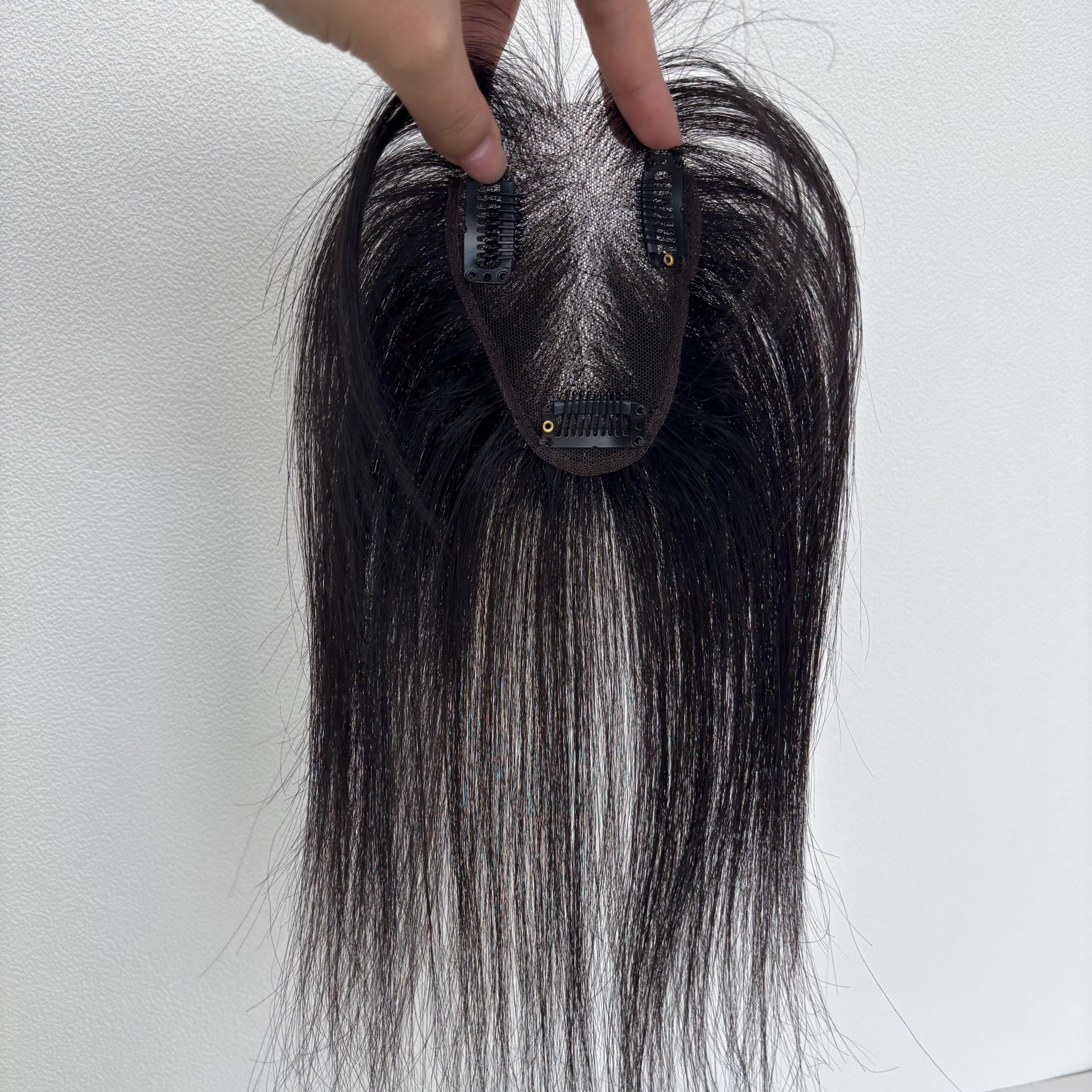 10 Inch Human Hair Topper with Swiss Lace Base, 7x10cm, Clip-In for Volume 7x10cm Swiss Lace Hair Topper for Women - Fix Thin Hair/Gray  main image 2