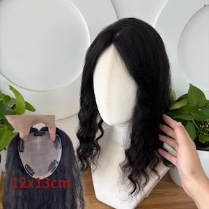 Curly Human Hair Topper | 12x13cm Full Silk Base Brown/Black, forehead hairline