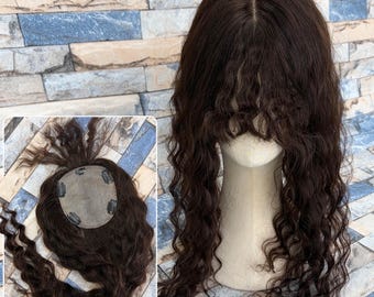 Loose Spiral Curly Full Silk Base Human Hair Topper with Wispy Curly Bangs