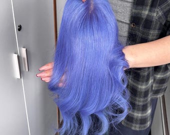High Saturation Sapphire Blue Human Hair Topper HD Lace Silk Base Summer Wave