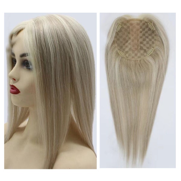 5.5x5.5 "Mix Color 16/22 # Ash Blonde Highlight Color Echthaar Topper für Frauen dünnes Haar oder Haarausfall