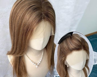 150% Density Virgin Human Hair Wig, Balayage Medium Golden Brown HD Lace Front Wig