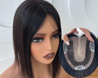 Prótesis capilar de 12 x 14 cm, 100 % cabello humano, base de malla transpirable con línea de cabello natural y cuero cabelludo invisible.