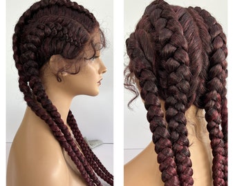 26" Long Four Strand  Braids Red-brown Synthetic Lace Front Wig with  Heat Resistant Fiber Middle Part