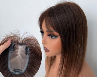 Mono Lace Human Hair Topper with Bangs, Natural Brown, Invisible Scalp,8x12cm