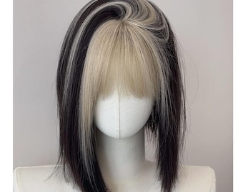 Platinum Blonde Fringe Highlights Straight Bob Wig with Natural Synthetic Fibers – Effortless Chic in Seconds