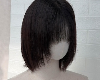 12 Inch Longer Bob Lace Front Wig with Bangs, 100% Virgin Human Hair