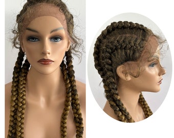 Long Four Strand  Braids mixed brown blonde Synthetic Lace Front Wig with  Heat Resistant Fiber Middle Part