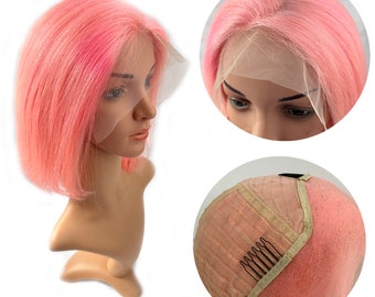 13"x4" Lace Front suitable for women with thin hair, 12" Pink Bob short straight hair.